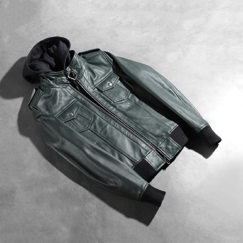 Roslyn Green Hooded Leather Bomber Jacket