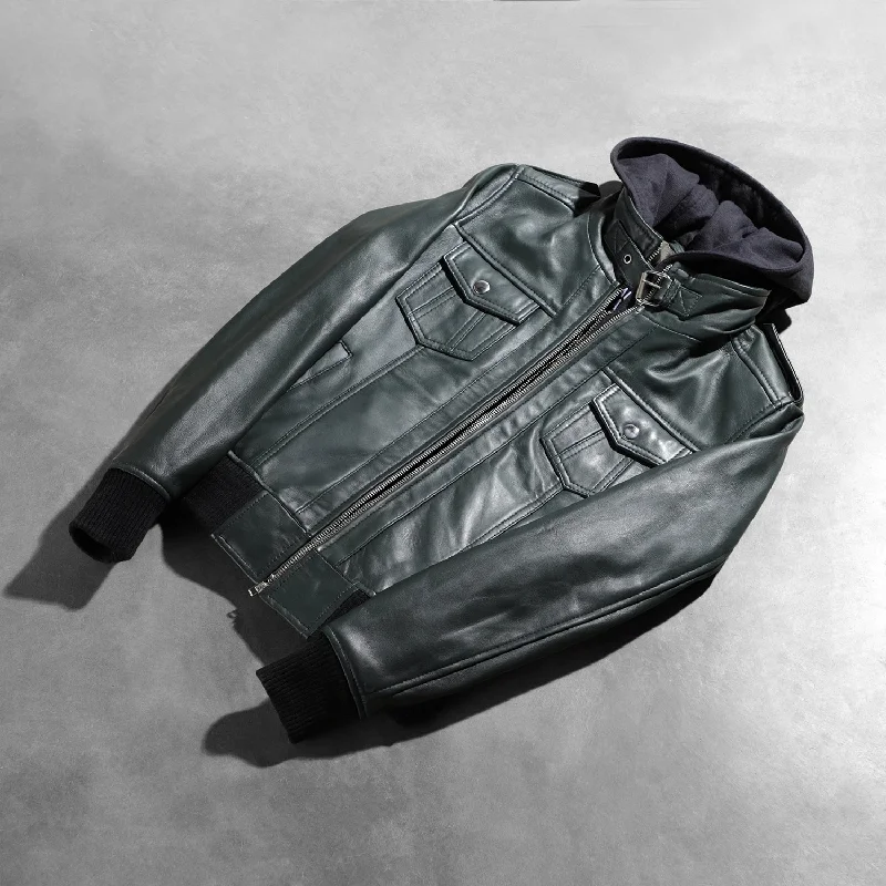 Roslyn Green Hooded Leather Bomber Jacket