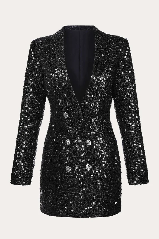 Sparkly Black Sequins Double Breasted Women Blazer