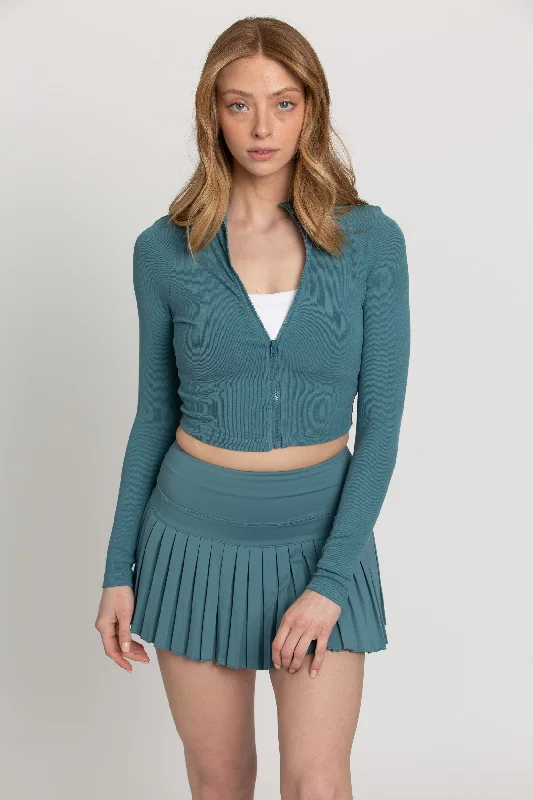 Teal Ribbed Zip-Up Long Sleeve Top