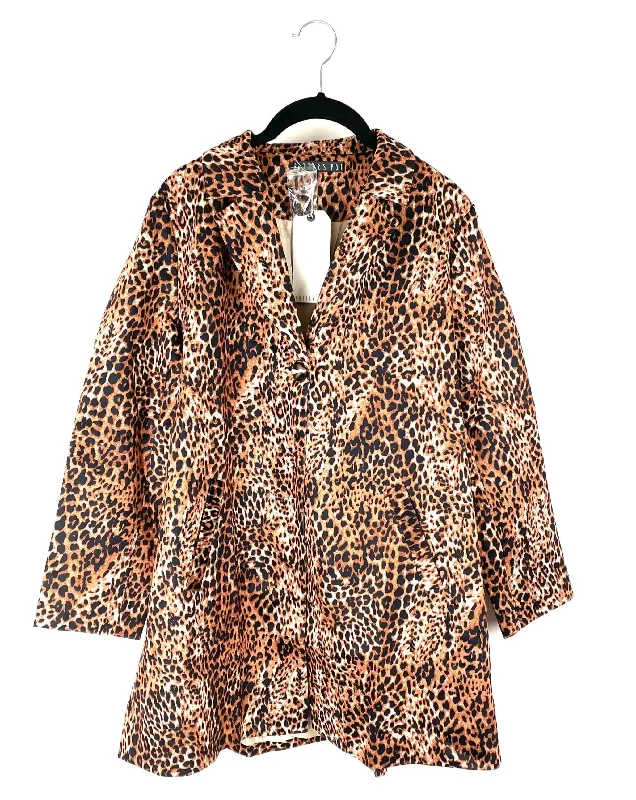 Brown Cheetah Print Trench Coat With Cropped Sleeves - Extra Small And Small