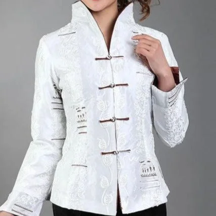 V Neck Stand Collar Fancy Cotton Chinese Style Jacket with Strap Buttons