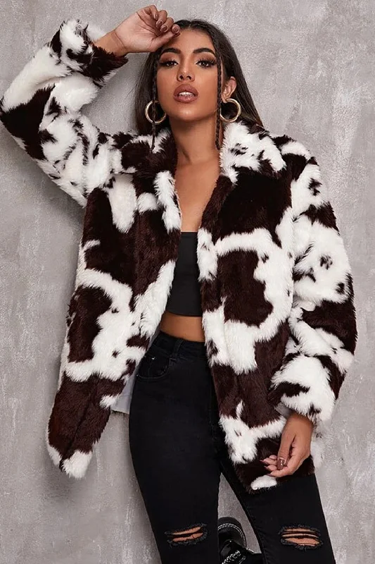 White Cow Pattern Midi Faux Fur Shearling Coat