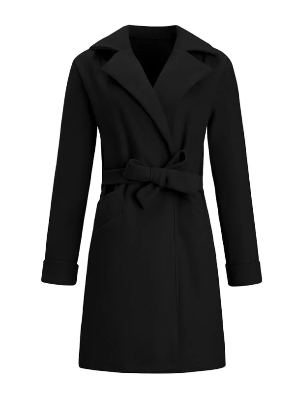 Women’s Stylish Solid Color Classy Collared Overcoat With Waist Tie And Hand Pockets