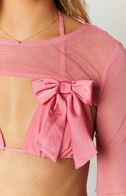 Zayden Pink Mesh Bow Top And Bolero